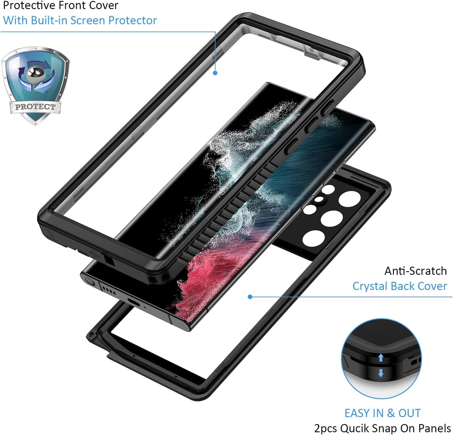 Lanhiem IP68 Waterproof Dustproof Case for Samsung Galaxy S22 Ultra, Built-in Screen Protector, Heavy Duty (Black/Clear)