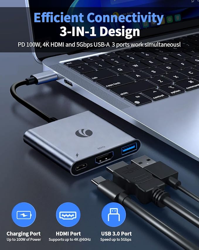 VCOM USB-C to HDMI Adapter, 3-in-1 4K@60Hz HDMI Adapter with 100W PD Charging & 5Gbps USB 3.0 Port, USB Hub Multiport for MacBook, iPad, iPhone 16 Pro Samsung S24/23, Chromebook (Grey（3-in-1)