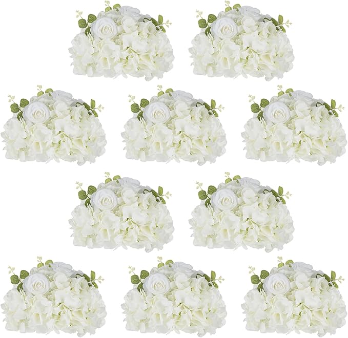 NUPTIO Flower Balls for Centerpieces Wedding: 10 Pcs 11.8 inch Diameter Artificial Flower Ball Arrangement Bouquet Centerpiece for Tables - White Fake Rose Flowers for Wedding Decor
