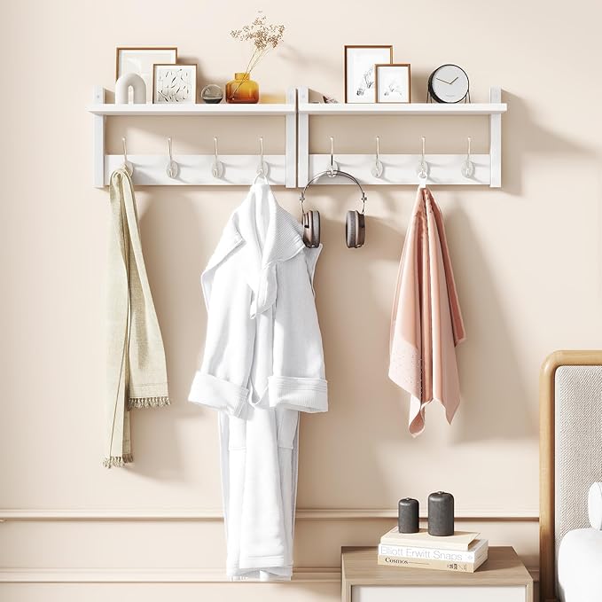 YMYNY Coat Rack Shelf Wall Mounted, Coat Hooks Set of 2, Entryway Coat Hanger with 4 Double Hooks, 31.5" Wall Floating Shelf with Hat Rack, for Kitchen, Bedroom, Bathroom, White UHWS001W-2