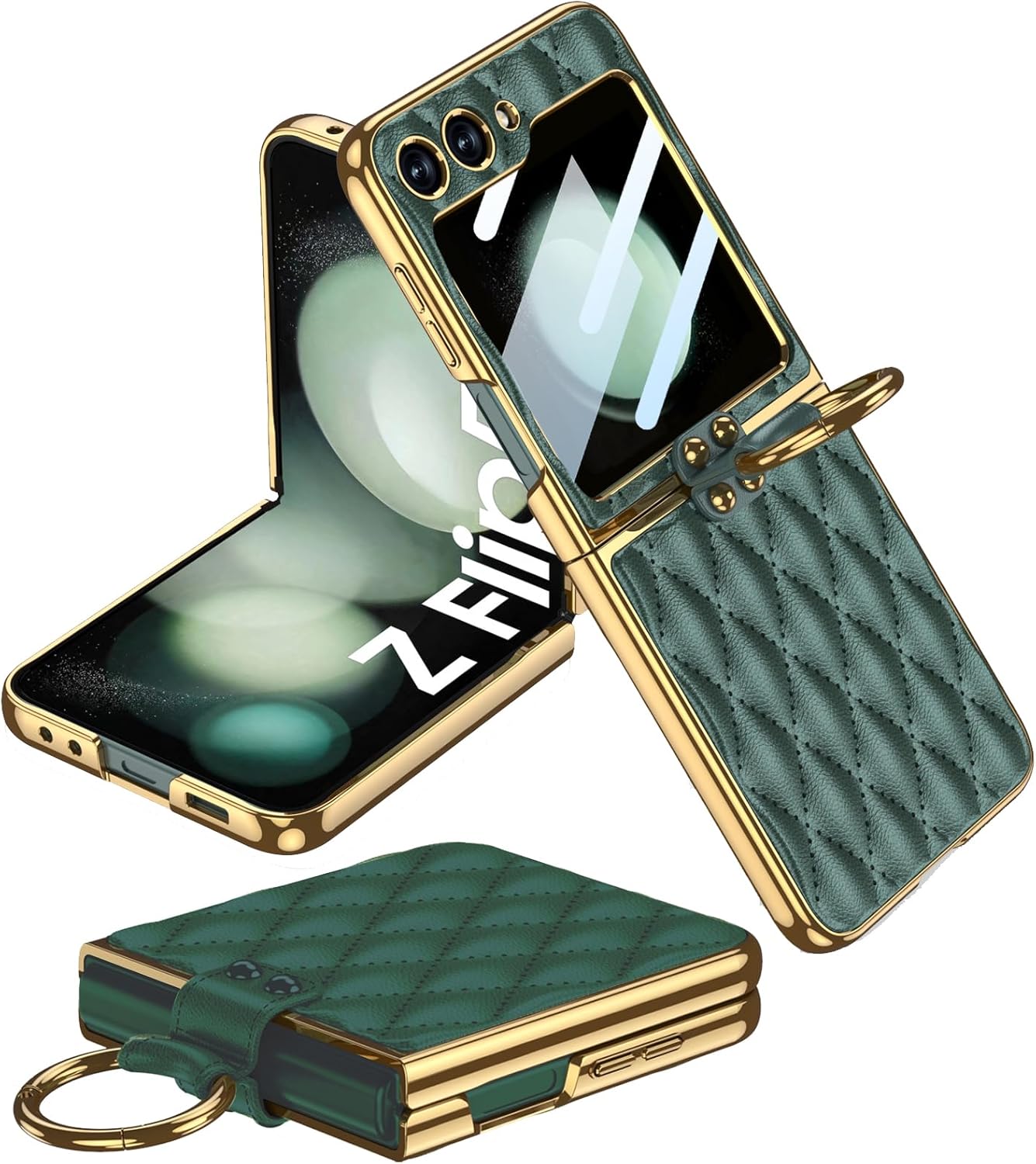 Miimall Leather Case with Metal Ring Holder for Galaxy Z Flip 5, Built-in Screen Protector, Ultra-Thin Cover (Deep