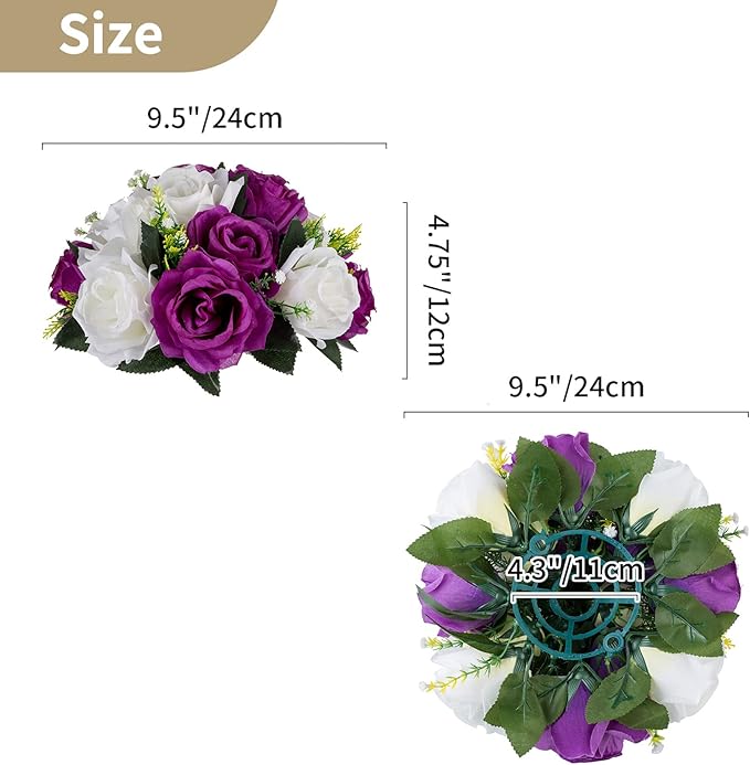 NUPTIO Pcs of 6 Fake Flower Ball Arrangement Bouquet,15 Heads Plastic Roses with Base, Suitable for Our Store's Wedding Centerpiece Flower Rack for Parties Valentine's Day Home Décor (Purple & White)