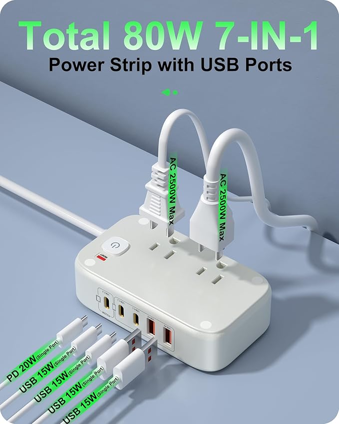 5FT Portable USB C Power Strip Surge Protector PD 20W Flat Wall Plug Charger Multipl Outlets with 2500W AC Outlets, 3 USB-C Ports, 2 USB-A Ports for Home/Office/Travel