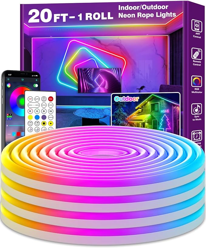 AILBTON 20Ft Neon Rope Lights,Flexible Led Rope Lights Control with App/Remote,Multiple Modes Music Sync Gaming RGB Led Neon Lights for Bedroom Outdoor