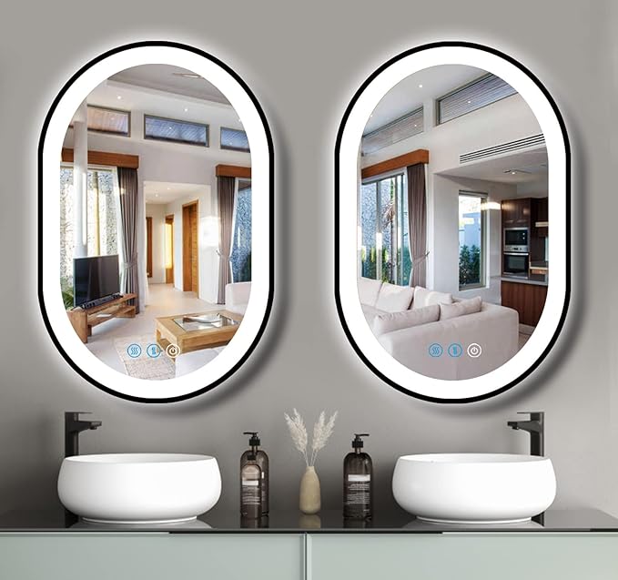 24 x 16 Inch Black Oval LED Vanity Mirror with Lights Smart Memory 3 Color Dimmable AntiFog Black Frame Oval Lighted Mirror for Bathroom Wall Horizontal Vertical Mount Ovals Light up Mirrors