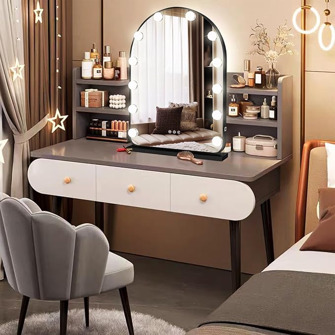 Hollywood Arch Black Vanity Makeup Mirror with Lights 12 Bulbs Dimmable 3Color Black Lighted Vanity Mirror for TableTop Wall Detachable Base X10 Magnifying Arch Makeup Desk Mirror with Lights