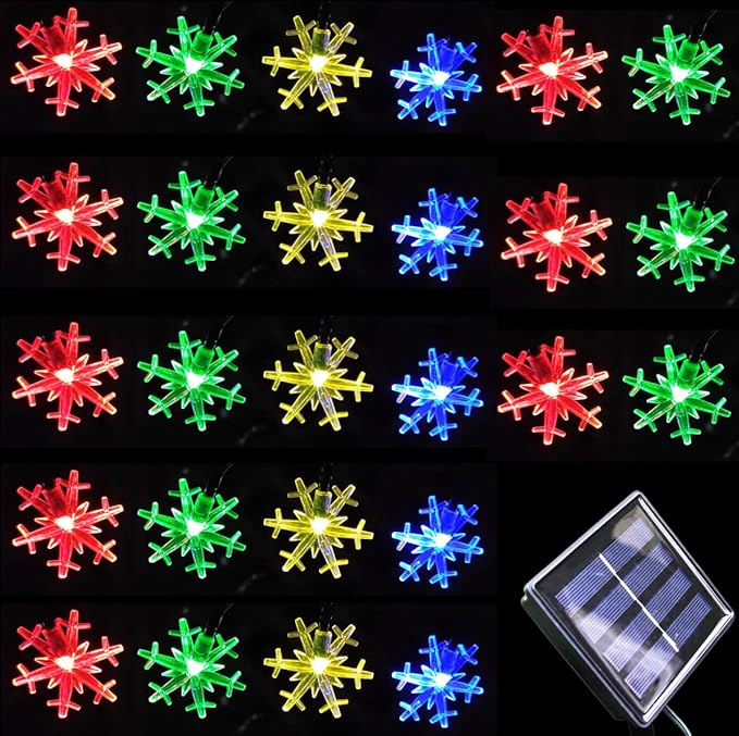 Solar Christmas String Lights Outdoor Waterproof 36ft 60 LED 8 Modes Solar Fairy Snowflake Powered String Lights for Garden Patio Yard Home Christmas Tree Parties(Snowflake-Multicolor-60LED)