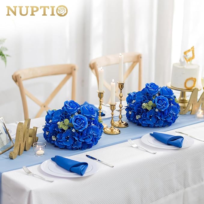 NUPTIO Royal Blue Flowers for Centerpieces: 10 Pcs 11.8 inch Diam Artificial Flower Balls for Centerpieces - Fake Flower Ball Arrangement Bouquet Rose Wedding Centerpieces for Tables Decorations