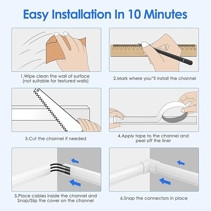 Yecaye Cord Hider, 125In Cord Covers for Wall Mounted TV, White Cable Management Kit, Wire Hiders and Concealer for 3 Cords on Wall, W0.98in H0.51in, White