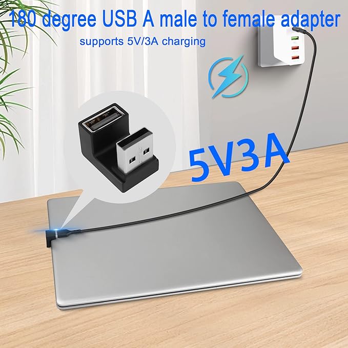 QIANRENON U-Shape Angle USB 3.1 Adapter Converter 10Gbps 180 Degree USB A Male to Female Coupler Connector, Support Data Transfer OTG 3A Charging, for PC Laptop Mobile Power, 2Pcs (Female Up)