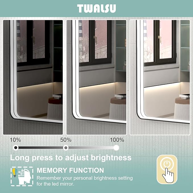 48x28 Inch LED Bathroom Mirror with Lights, Black Metal Framed LED Mirror for Bathroom, 3 Colors and Stepless Dimmable Wall Mounted Lighted Bathroom Vanity Mirror, Anti-Fog, Memory