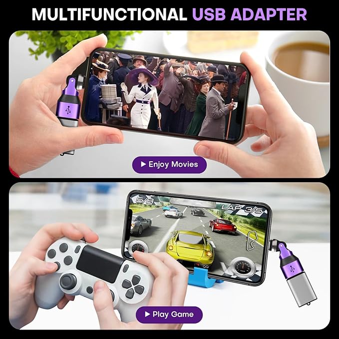 USB Adapter Type C to A 2 Pack 180° & 360° Rotation USB2.0 480Mbps Phone OTG Port Fast Charge Extender with LED Indicator (Purple)