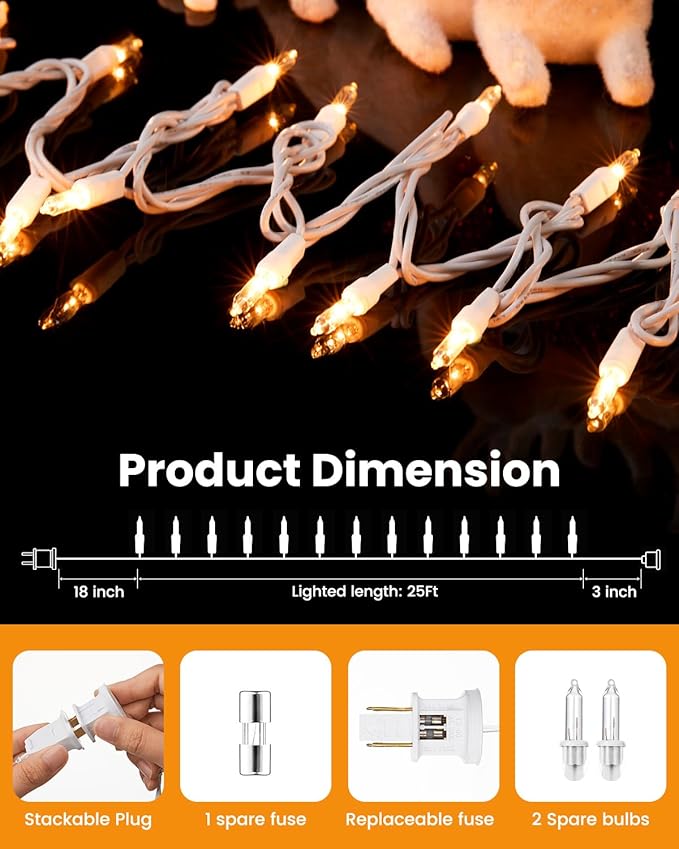 Clear Christmas Lights Set 100 Count 25 Feet Incandescent Bulb Mini String Lights for Indoor Christmas Tree Garland Birthday Wedding Party Festival Decoration, White Wire
