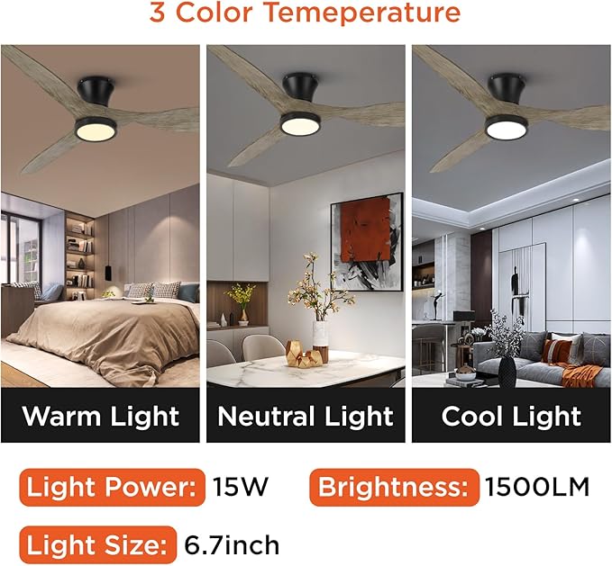TALOYA 52 inch Ceiling Fans with Lights Remote Control, Modern Low Profile Ceiling Fan with Quiet Reversible DC Motor for Bedroom Living Room and Patio Black Walnut Finish