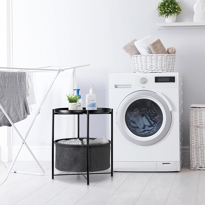 danpinera Round Side Table with Fabric Storage Basket, Metal Small Bedside Nightstand Removable Tray Top for Living Room, Bedroom, Nursery, Laundry, Ink Black