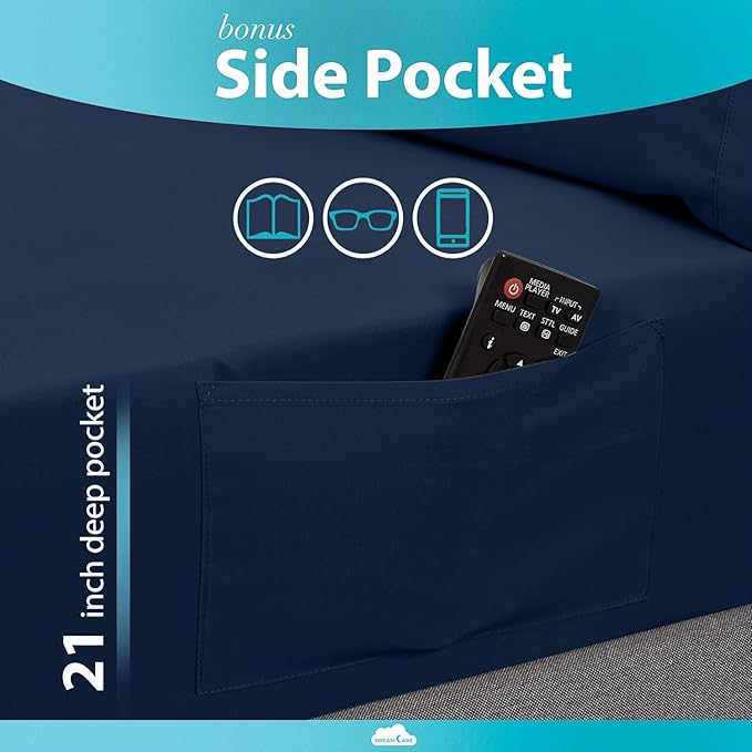 DREAMCARE Twin XL Sheet Sets – 3pcs Cooling Sheets – up to 15” Deep Pocket Twin XL Sheets Set – Hotel Luxury Sheets & Pillowcases – Superior Softness 100% Fine Microfiber with Side Pocket – Navy Blue