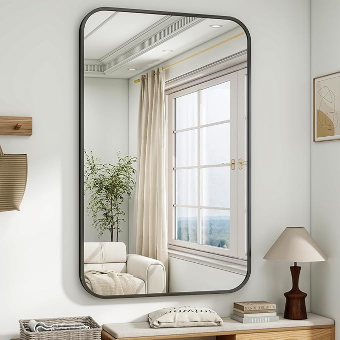HARRITPURE Rectangular Bathroom Mirror 48''x30'' Black Bathroom Wall Mirror Aluminum Frame Wall-Mounted Mirrors for Entryway Bedroom Living Room