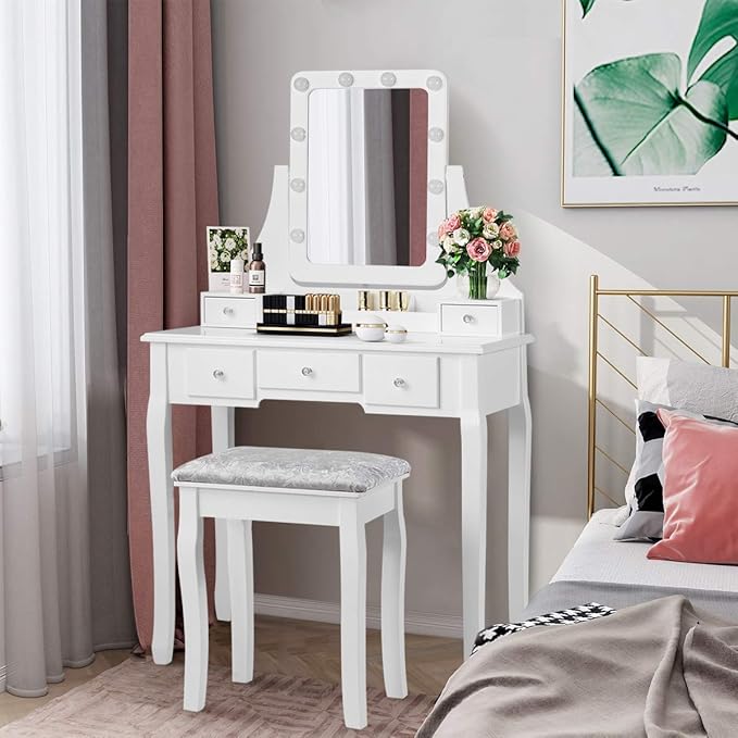 CHARMAID LED Vanity Desk with Lighted Mirror, 10 Dimming Bulbs, 5 Drawers, 3 Storage Organizers, Makeup Vanity Desk with Stool, Bedroom Dressing Table, Gift for Girls Women (White)