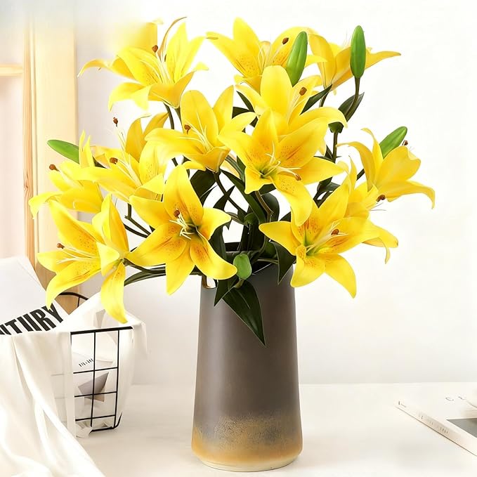 ASTRYAS 18 Heads Artifical Lilies Flowers, Yellow Fake Lily with 9 Heads Full Bloom Lily & 3 Buds-Faux Lilies Bouquets for Home Hotel Flower Arrangement Party Decoration(2, Bright Yellow)