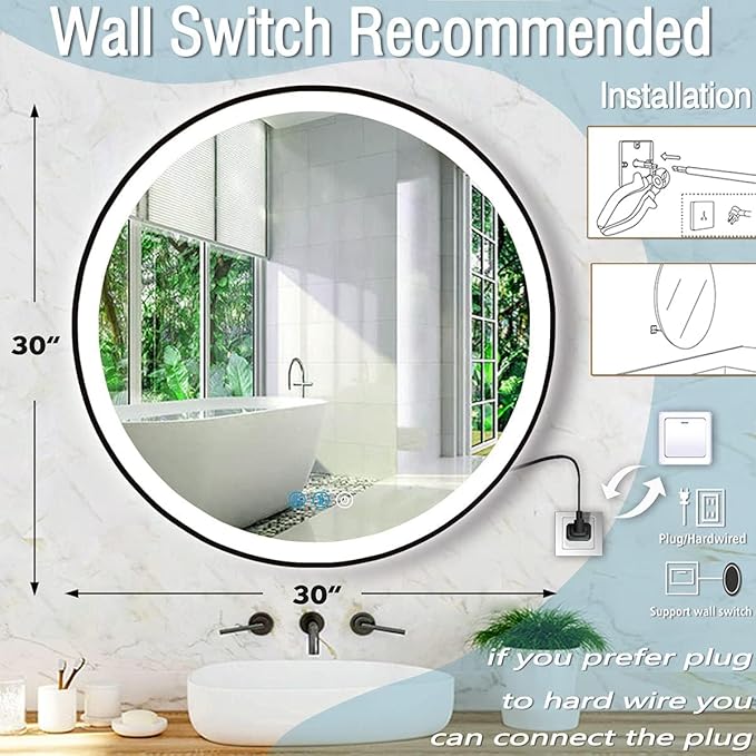 30 Inch Black Framed Round LED Mirror for Bathroom Wall Mounted 30" Black Round Lighted Vanity Mirror with Lights Black Frame Antifog Smart Momery Dimmable 3 Color Frontlights