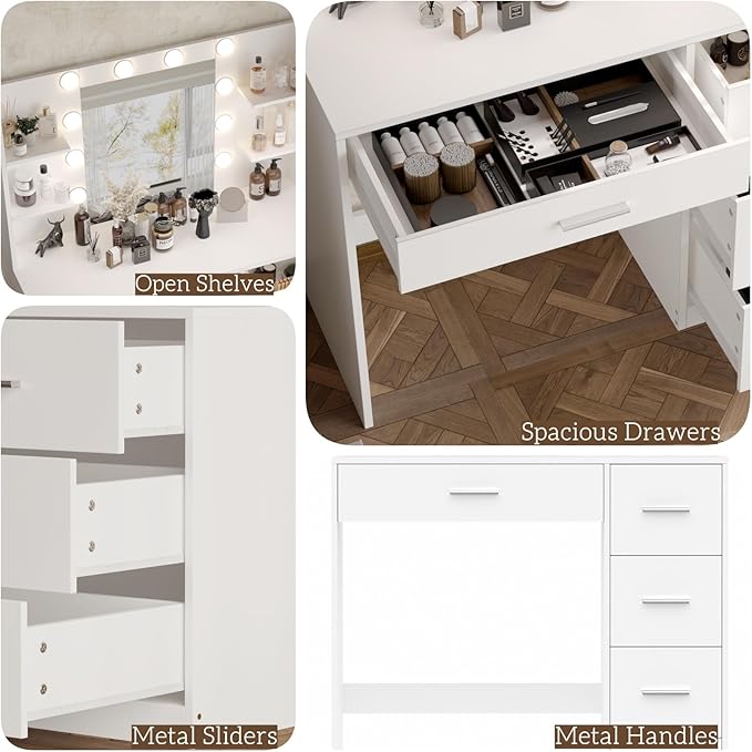 Irontar Vanity Desk, Makeup Vanity with 10 LED Lights & 4 Drawers, Brightness Adjustable, Dressing Table with 6 Open Storage, Makeup Table for Women, White WDT003W