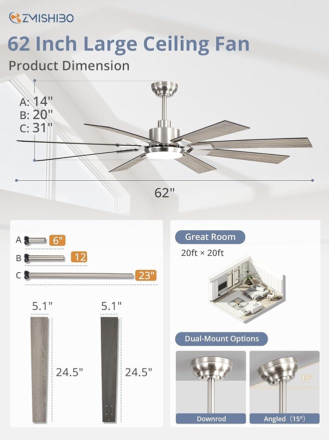 ZMISHIBO 62 inch Brushed Nickel Modern Ceiling Fan with Light and Remote, Indoor/Outdoor Industrial Ceiling Fan for Living Room Patio, 6 Speed Reversible Quiet DC Motor, 3 CCT, Dual Finish 8 Blades