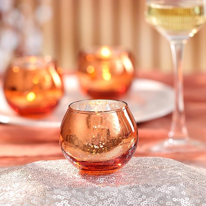 LAMORGIFT 24 Pcs Fall Tealight Candle Holders- Mercury Votive Candle Holders for Burnt OrangeTable Decorations, Terracotta Decor Glass Votives for Fall Party Boho Wedding Table Centerpieces