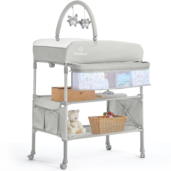BabyBond Portable Baby Changing Table, Foldable Diaper Changing Table Dresser Waterproof Height Adjustable Changing Station for Infant and Newborn(Beige)