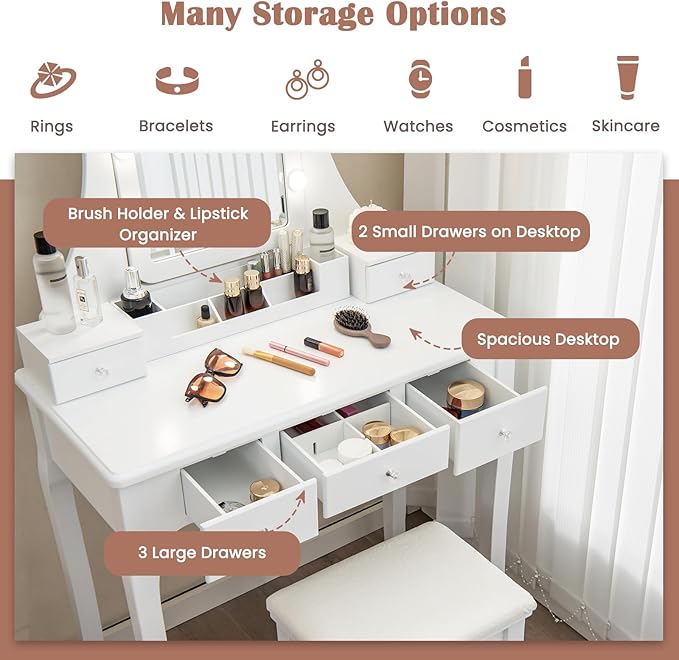 CHARMAID Vanity Desk with Mirror and Lights, Makeup Vanity Table with 5 Storage Drawers, 3 Color Lighting Modes, Adjustable Brightness, Modern Bedroom Dressing Table with Vanity Stool, White
