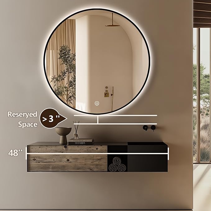 48" Round LED Bathroom Mirror, Wall Mounted Backlit Vanity Mirror with 45° Beveled Frame Lighted Mirror for Bedroom, Fog Free 3-Color Dimmable Lights Memory Function, Black