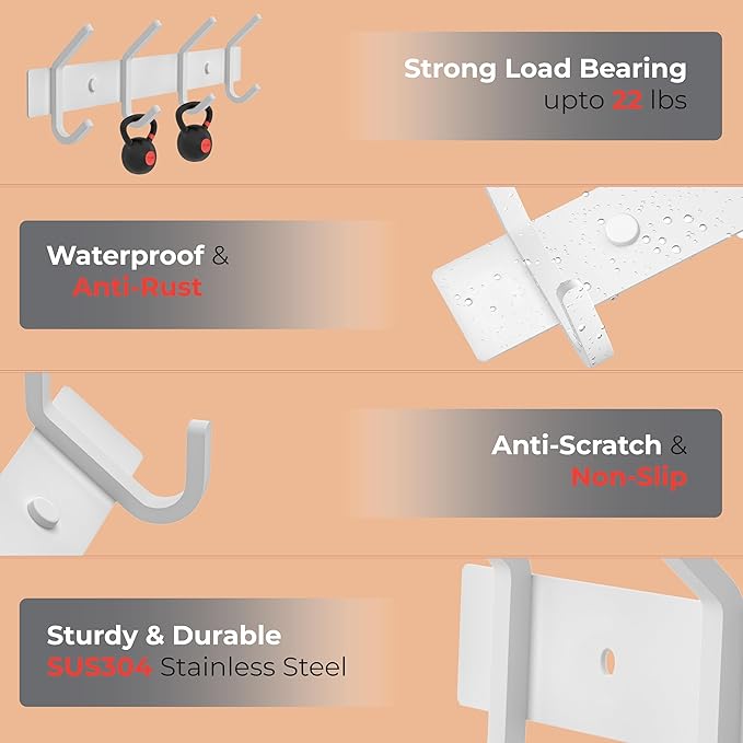 White Coat Rack Wall Mount – 12 Inch Stainless Steel Hook Rail with 4 Heavy Duty Double Coat Hooks – Wall Mounted Coat Hanger for Entryway, Bathroom, Bedroom, Towel, Hat Organizer - 2 Pack