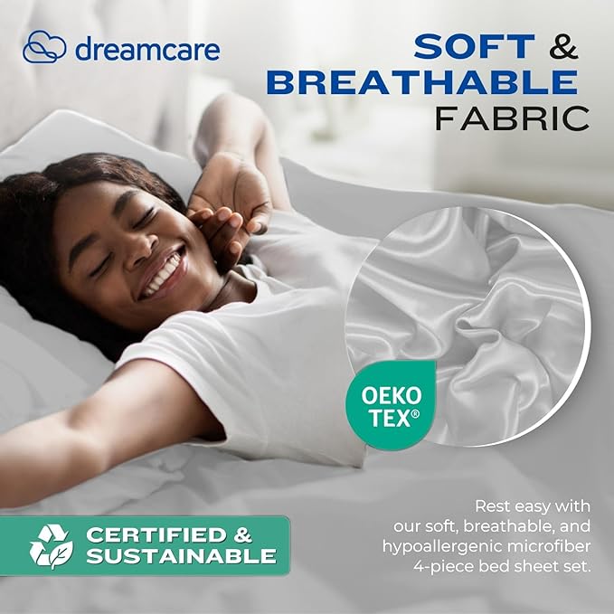 DREAMCARE Full Size Sheets – 4 pcs Cooling Sheets – up to 21” Deep Full Sheet Set – Hotel Luxury Sheets & Pillowcases – Superior Softness 100% Fine Microfiber with Side Pocket – Light Gray