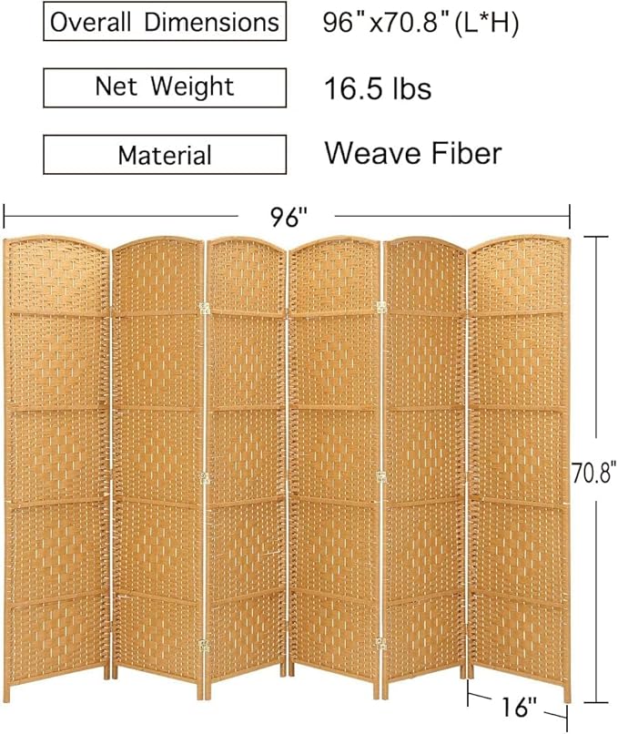 Rose Home Fashion Room Divider, 6 ft Tall Room Dividers and Folding Privacy Screens, 16in Privacy Screen 6 Panel Light Beige Space Temporary Wall Foldable Partition Separation