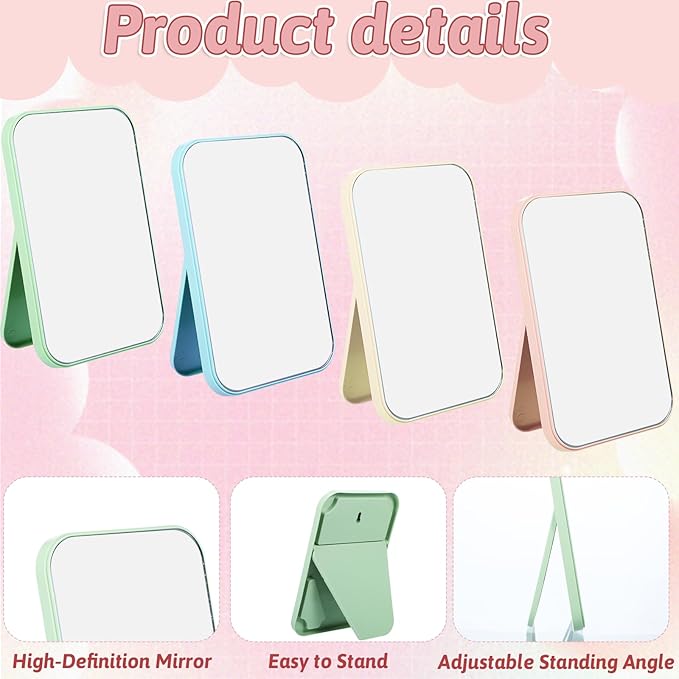12Pcs Desktop Makeup Mirror 7.87inch Small Vanity Mirror with Stand, 90°Adjustable Portable Foldable Makeup Mirrors for Vanity Table, Office, Travel(4 Color)