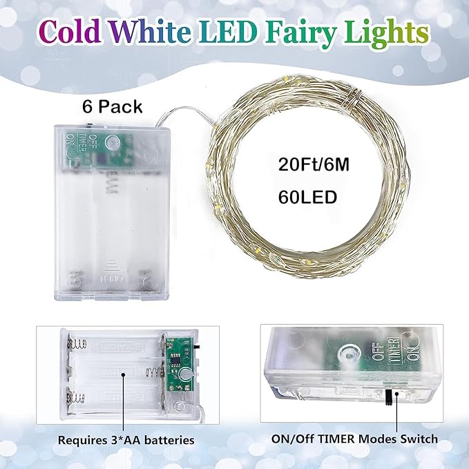 6 Pack Christmas Fairy Lights Battery Operated with Timer, Each 20FT 60LED String Lights Outdoor Indoor, Cuttable Battery Twinkle Light for Bedroom Home Wedding DIY Christmas Decorations (Cool White)