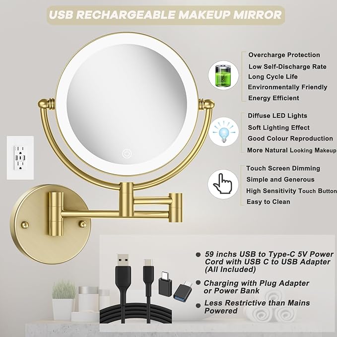Matte Gold Wall Mounted Makeup Mirror with Lights and 10X Magnification, 8" Rechargeable 2-Sided 3-Colors, Touch Dimmable Extended Arm 360 Rotation, Foldable Vanity Cosmetic Shaving Mirror Bathroom