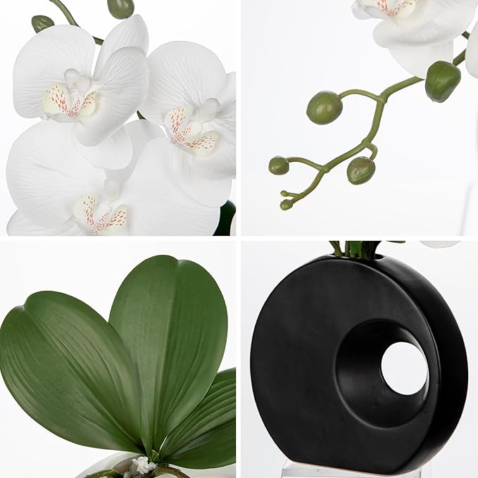 Briful Artificial Orchid Flowers in Black Modern Ceramic Vase 15.7" Tall White Faux Orchid Arrangement Silk Orchid Flower Fake Orchid Centerpiece for Home Office Room Wedding Table Décor