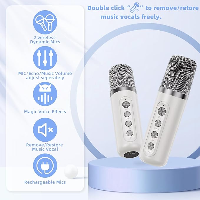 Karaoke Machine for Kids Adults - Portable Bluetooth Speaker with 2 Wireless Microphones, Singing Machine for Party, Birthday Gifts for Girls Boys Ages 4, 5, 6, 7, 8, 9, 10, 11, 12+ Years Old