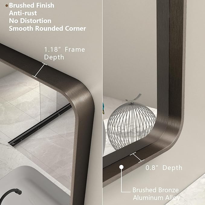 48x32 Bronze Bathroom Mirror, Brushed Bronze Framed Bathroom Vanity Mirror, Rounded Rectangle Mirror for Wall, Shatterproof, Wall Mounted, Anti-Rust (Horizontal/Vertical)