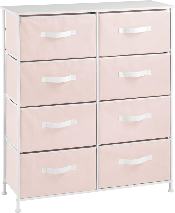 mDesign 38.31" High Steel Frame/Wood Top Storage Dresser Furniture, 8 Fabric Drawers, Large Bureau Organizer for Baby, Kid, Teen Bedroom, Nursery, Playroom, Dorm, Jane Collection, Pink/White