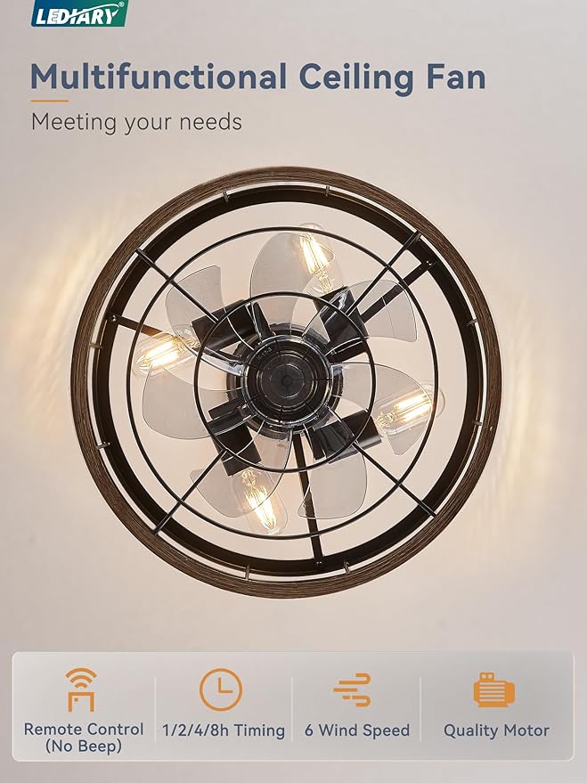 LEDIARY 16.5in Caged Ceiling Fan with Light, Fandelier Industrial Ceiling Fan with Remote, Rustic Metal Fan Lights Ceiling Fixtures for Kitchen, Farmhouse, Bedroom（6 Speed,1/2/4/8h Timing）-Brown
