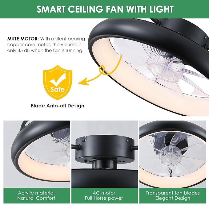 Ceiling Fans,Flush Mount Ceiling Fans with Lights and Remote Control, Low Profile Ceiling Fan with Light and Remote, Modern Ceiling Fan, Reversible, Dimmable, Noiseless(Black)