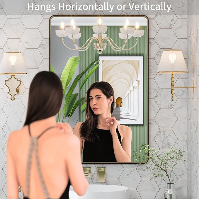 LOAAO 24”X36” Bronze Bathroom Mirrors for Vanity, Rounded Rectangle Brushed Bronze Metal Frame Mirror, Anti-Rust, Hangs Horizontally or Vertically