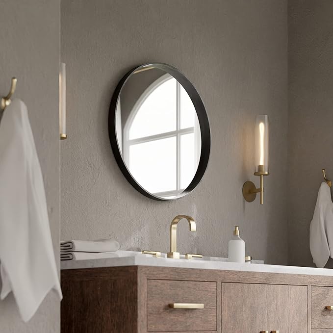 WallBeyond Black Round Wood Mirror 24 inch Circle Wall Mirror for Bathroom Round Wall Mirror for Wall Decor, Vanity, Entryway Living Room
