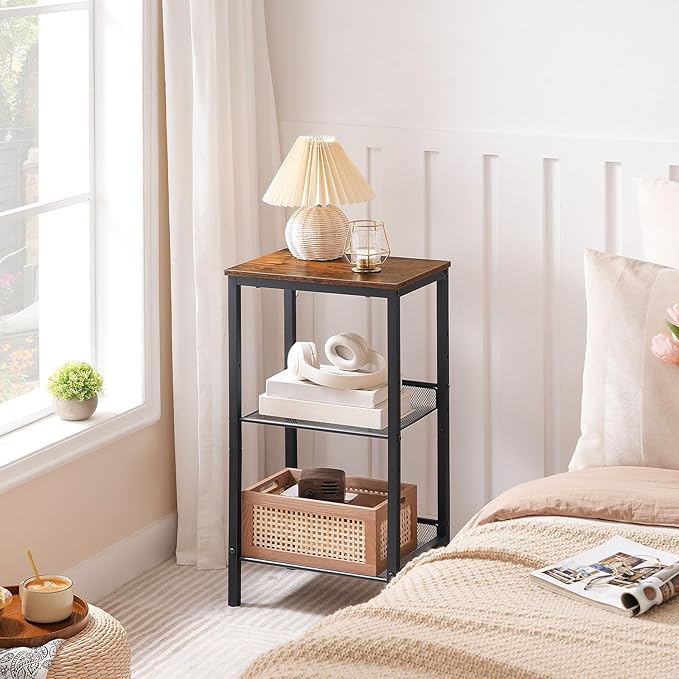 HOOBRO Side Table, 3-Tier Tall End Telephone Table with Adjustable Mesh Shelves, Small Entry Table for Living Room Bedroom Hallway or Office, Rustic Brown and Black BF01DH01G1