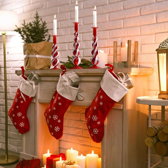 Mumufy 3 Pcs Red and White Christmas Glass Candlestick Holders Christmas Ball Glass Taper Candle Holder Stick Decor for Xmas Holiday Wedding Home Table Centerpiece