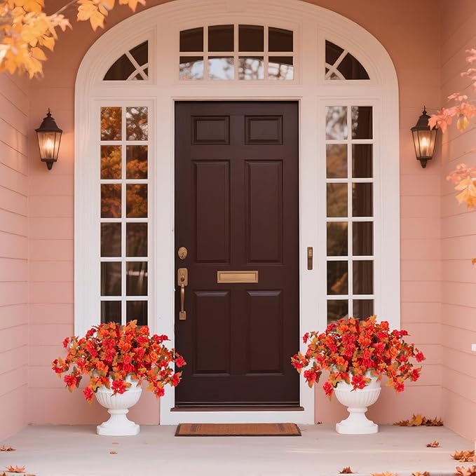 Homsunny Fall Flowers for Outdoors, 2 PCS Fake Fall Flowers UV Resistant Fake Autumn Artificial Flowers for Porch Patio Window Box Planter Home Decor (Fall Red and Orange)