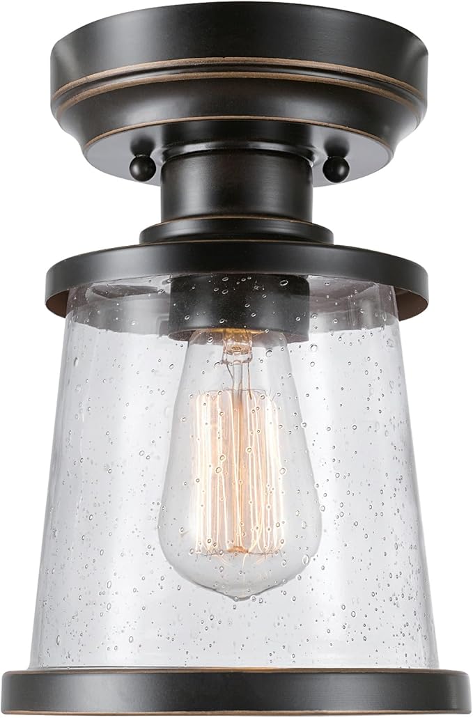 GLOBE Electric 44301 Charlie 1-Light Outdoor/Indoor Semi-Flush Mount Ceiling Light, Oil Rubbed Bronze, Clear Seeded Glass Shade, Bulb Not Included