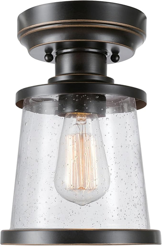 GLOBE Electric 44301 Charlie 1-Light Outdoor/Indoor Semi-Flush Mount Ceiling Light, Oil Rubbed Bronze, Clear Seeded Glass Shade, Bulb Not Included