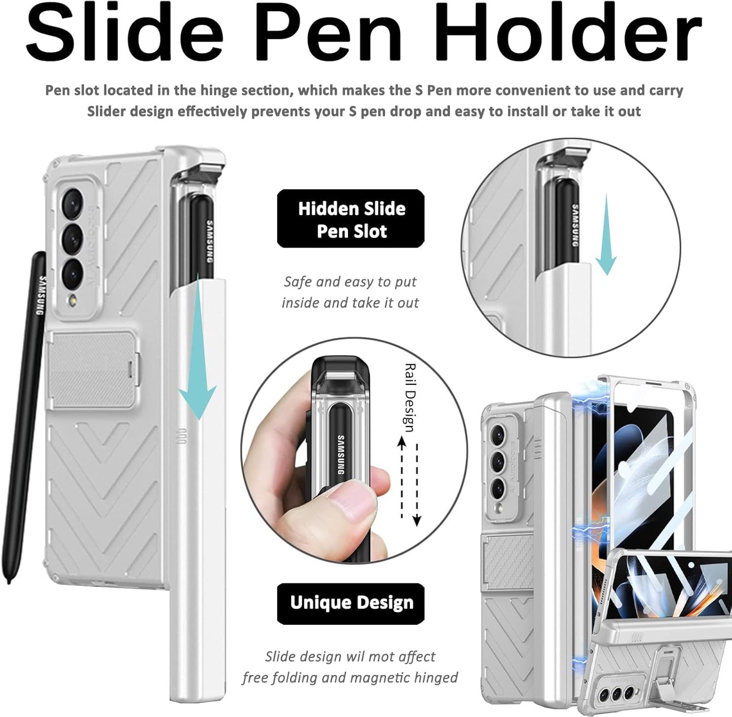 Miimall Samsung Galaxy Z Fold 4 5G Case with Built-in Tempered Glass Protector, Magnetic Hinge, Kickstand, Silver